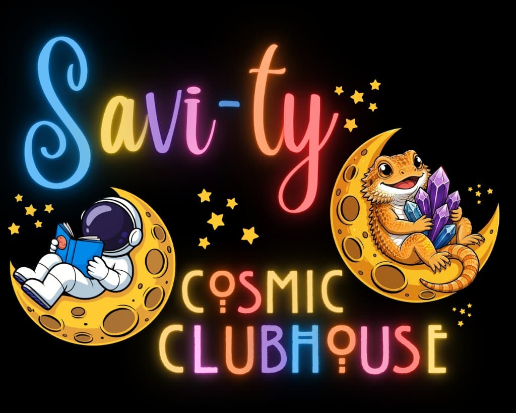 Savi-Ty Cosmic Clubhouse — astronaut and Pickles the bearded dragon on crescent moons