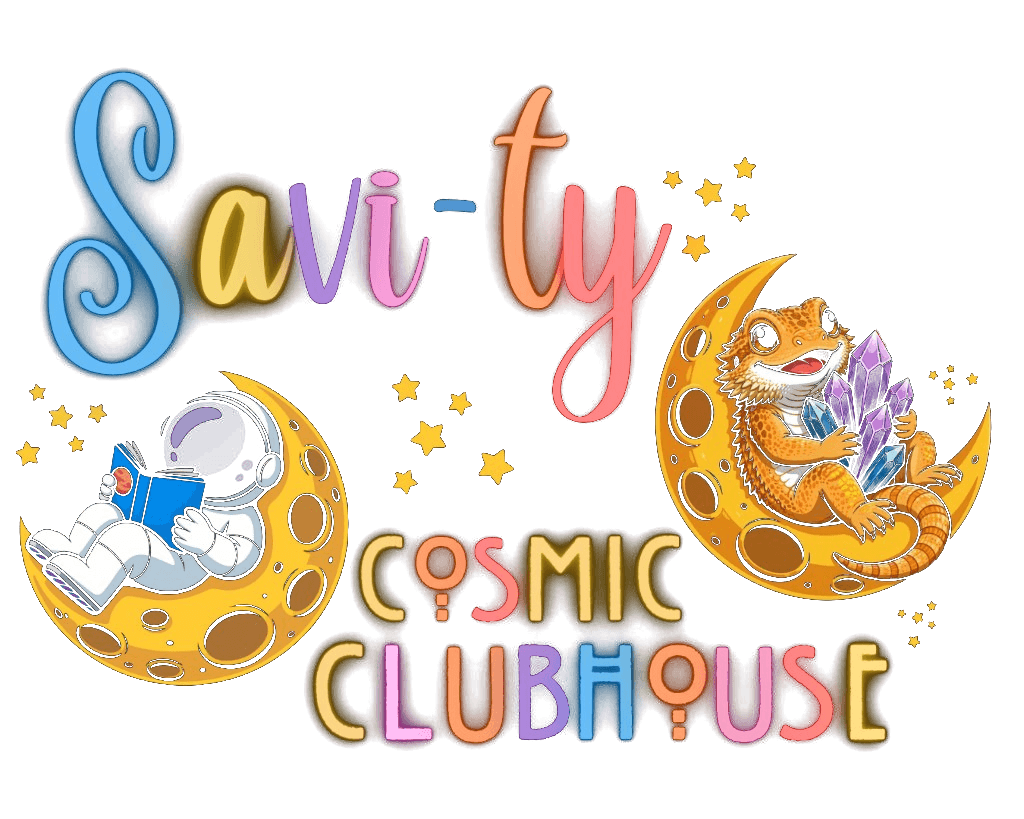 Savi-Ty Cosmic Clubhouse — astronaut reading and Pickles with crystals on crescent moons